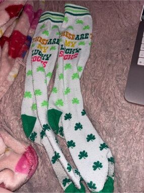 White & Green Shamrock Knee-High Socks - 'These are My Lucky Socks'